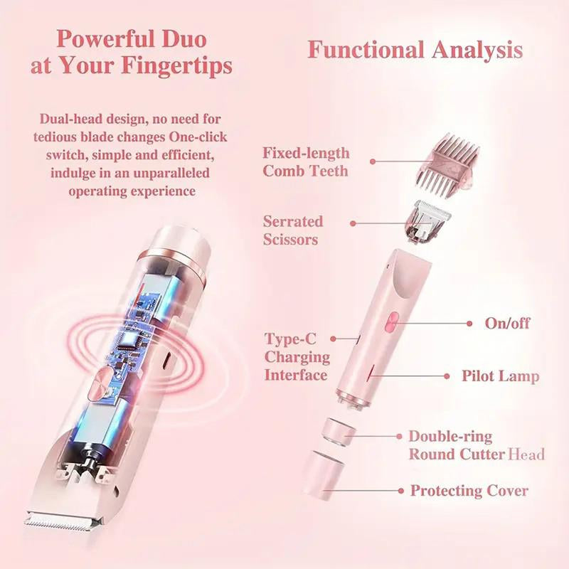 Bikini Trimmer for Women, Electric Shaver and Razor Rechargeable 2-In-1 Body and Facial Epilator, Dual Heads for Painless Trimming of Pubic Hair, Face, Underarms and Legs, IPX7 Waterproof Shaver Women Shaving Grooming Gentle Sensitive