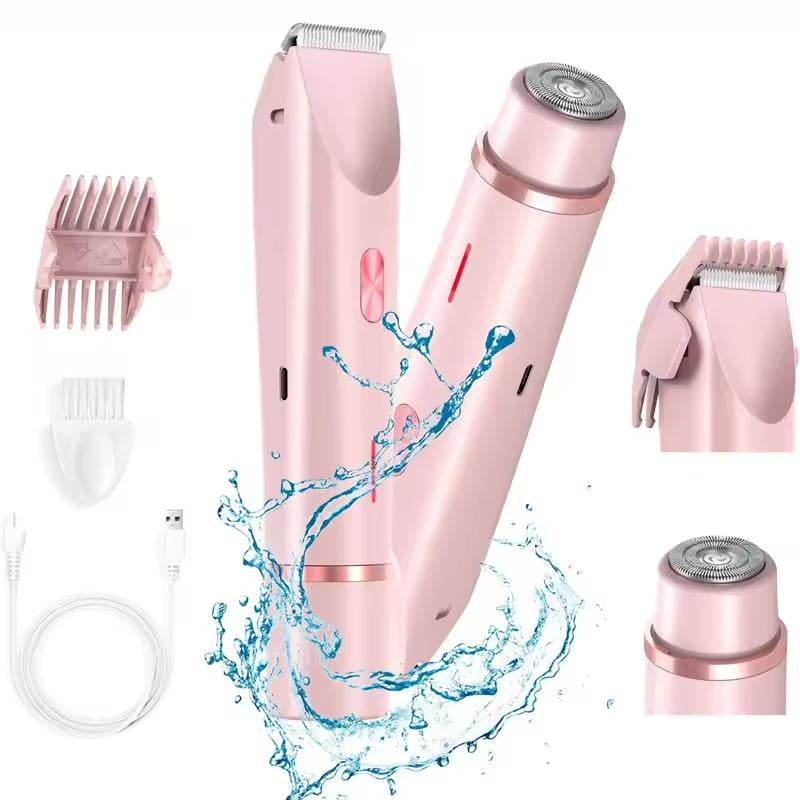 Bikini Trimmer for Women, Electric Shaver and Razor Rechargeable 2-In-1 Body and Facial Epilator, Dual Heads for Painless Trimming of Pubic Hair, Face, Underarms and Legs, IPX7 Waterproof Shaver Women Shaving Grooming Gentle Sensitive