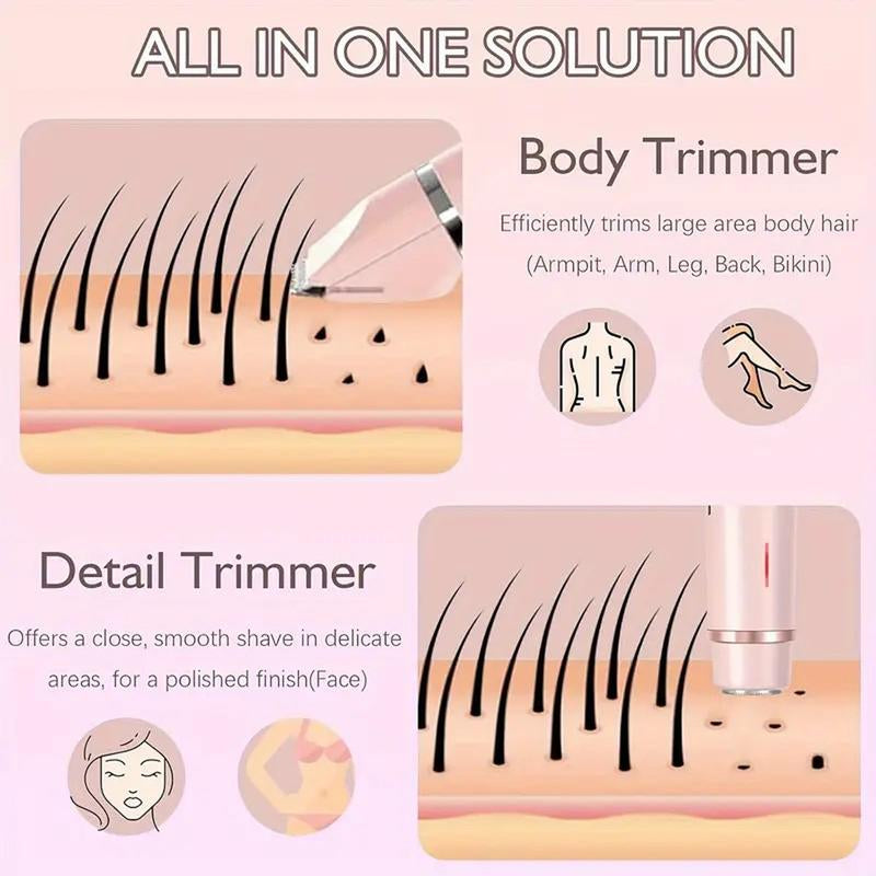 Bikini Trimmer for Women, Electric Shaver and Razor Rechargeable 2-In-1 Body and Facial Epilator, Dual Heads for Painless Trimming of Pubic Hair, Face, Underarms and Legs, IPX7 Waterproof Shaver Women Shaving Grooming Gentle Sensitive