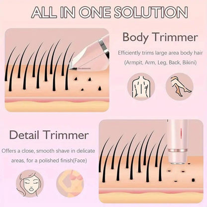 Bikini Trimmer for Women, Electric Shaver and Razor Rechargeable 2-In-1 Body and Facial Epilator, Dual Heads for Painless Trimming of Pubic Hair, Face, Underarms and Legs, IPX7 Waterproof Shaver Women Shaving Grooming Gentle Sensitive
